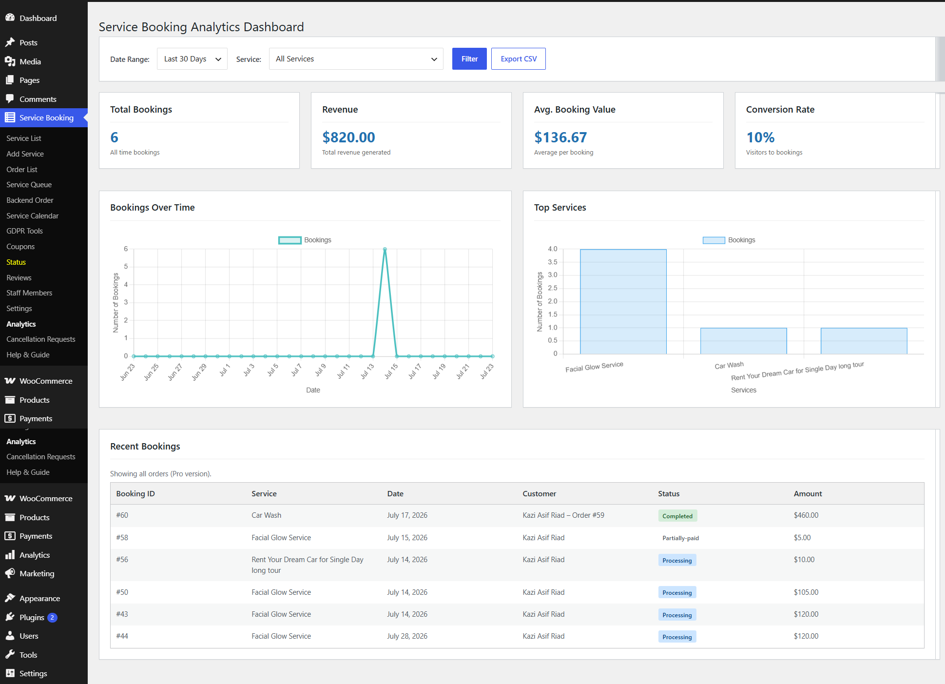 System status page with server, PHP, and plugin diagnostics