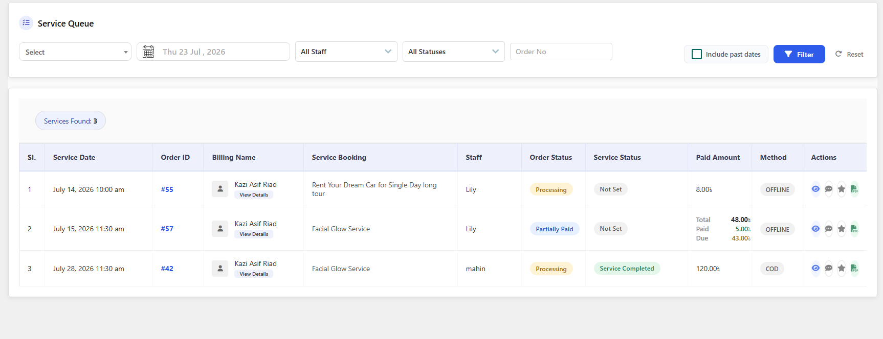 Order list table with billing, service date, and payment columns