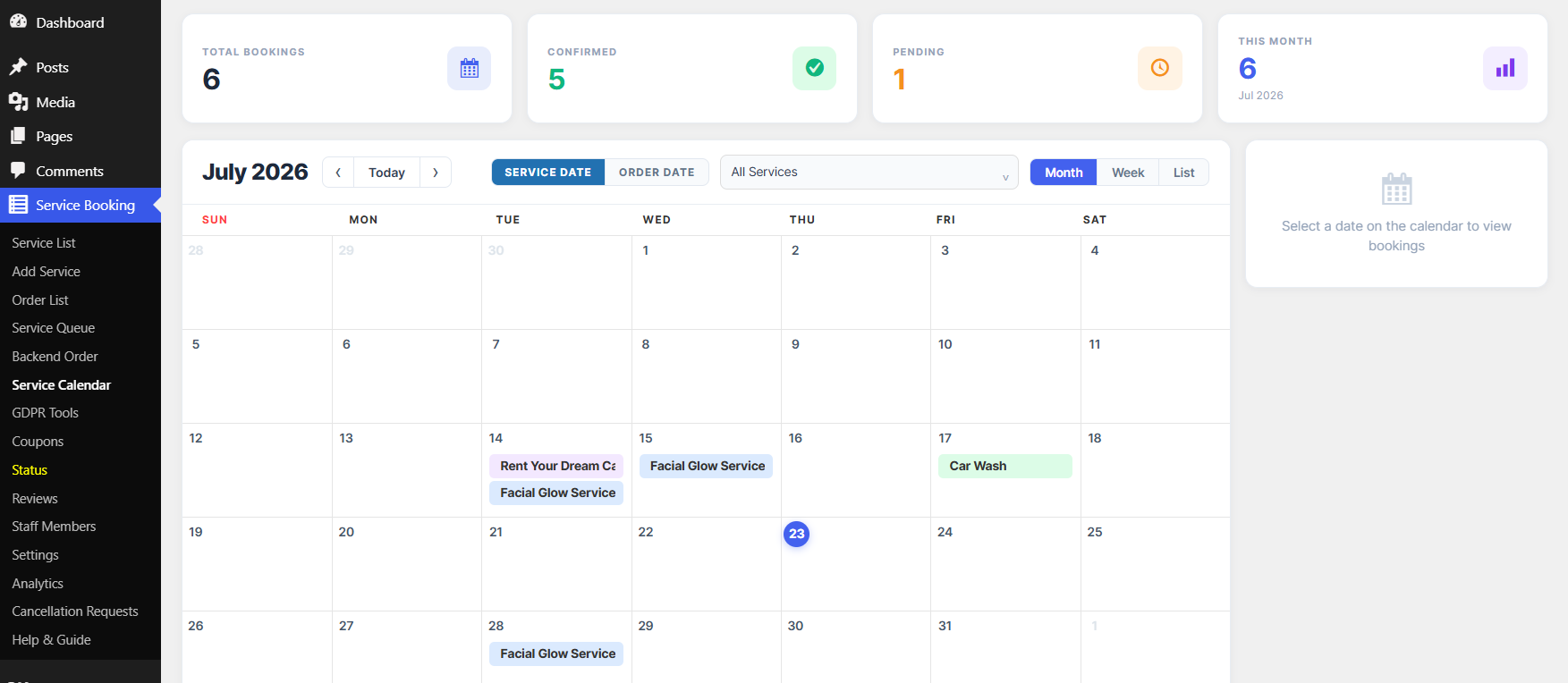 Service Queue data grid showing appointments, staff, and status