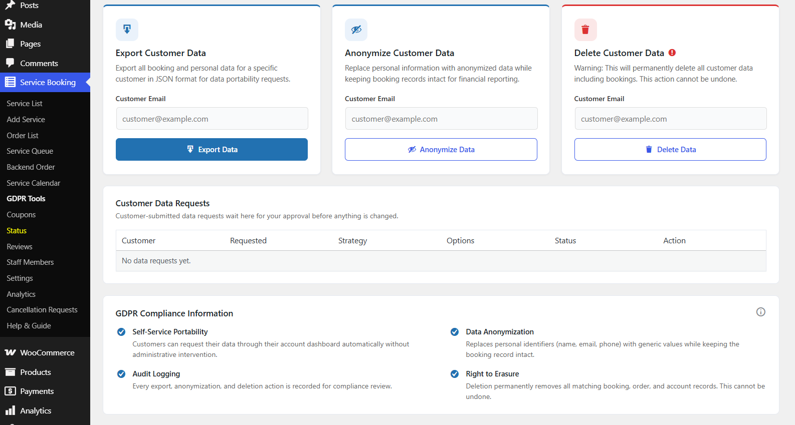 Service Calendar with color-coded bookings and side inspector