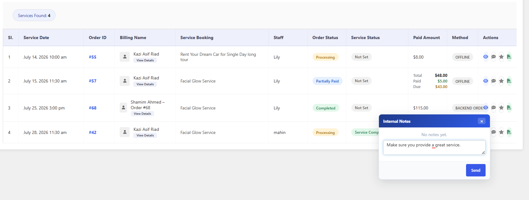 Locating an order in the Service Queue with the message icon highlighted