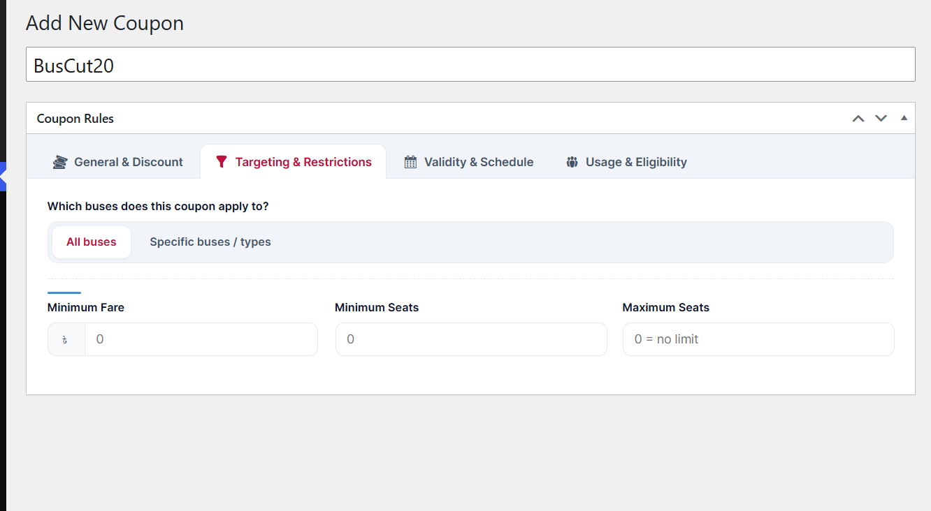 Coupon Targeting & Restrictions tab: fleet targeting