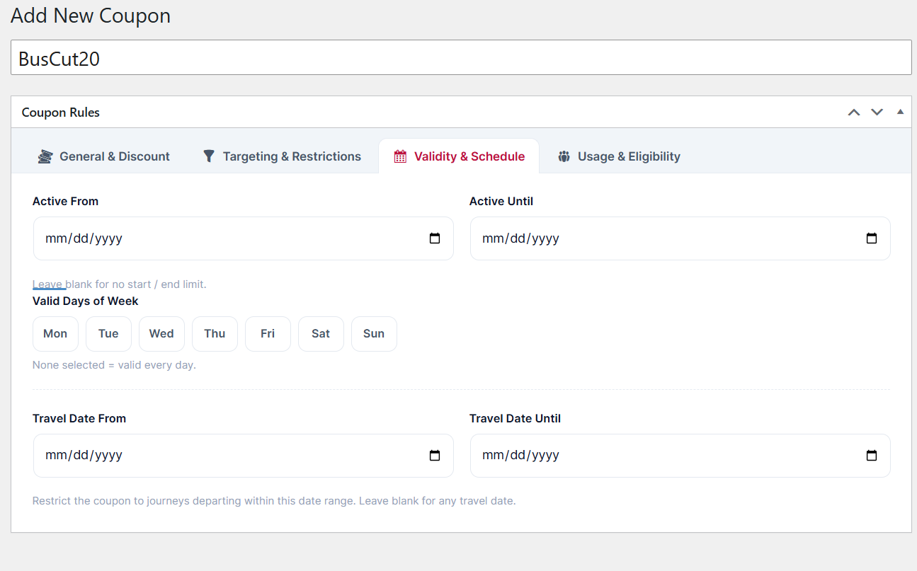Coupon Targeting & Restrictions tab: booking thresholds