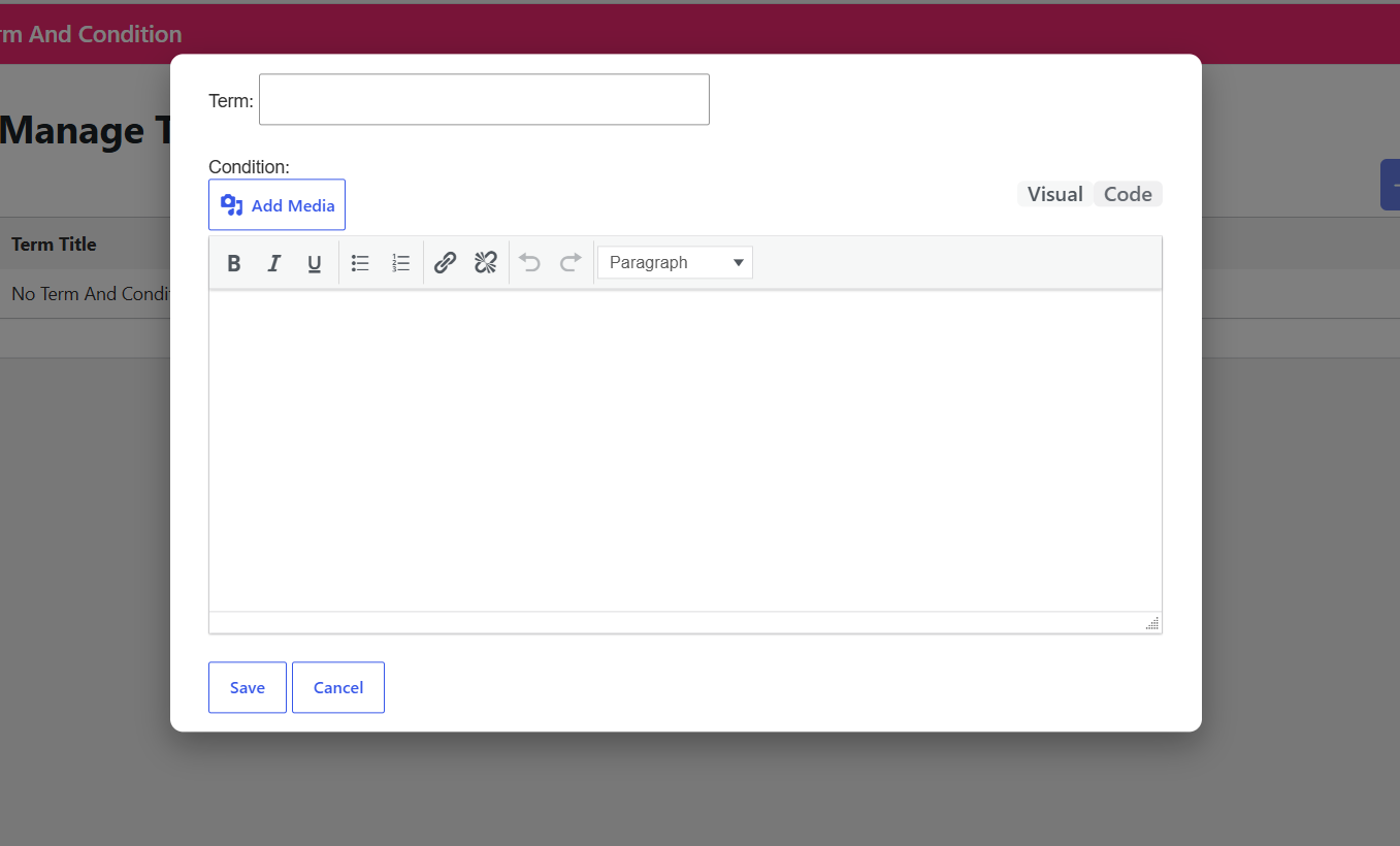 Terms and Condition management screen