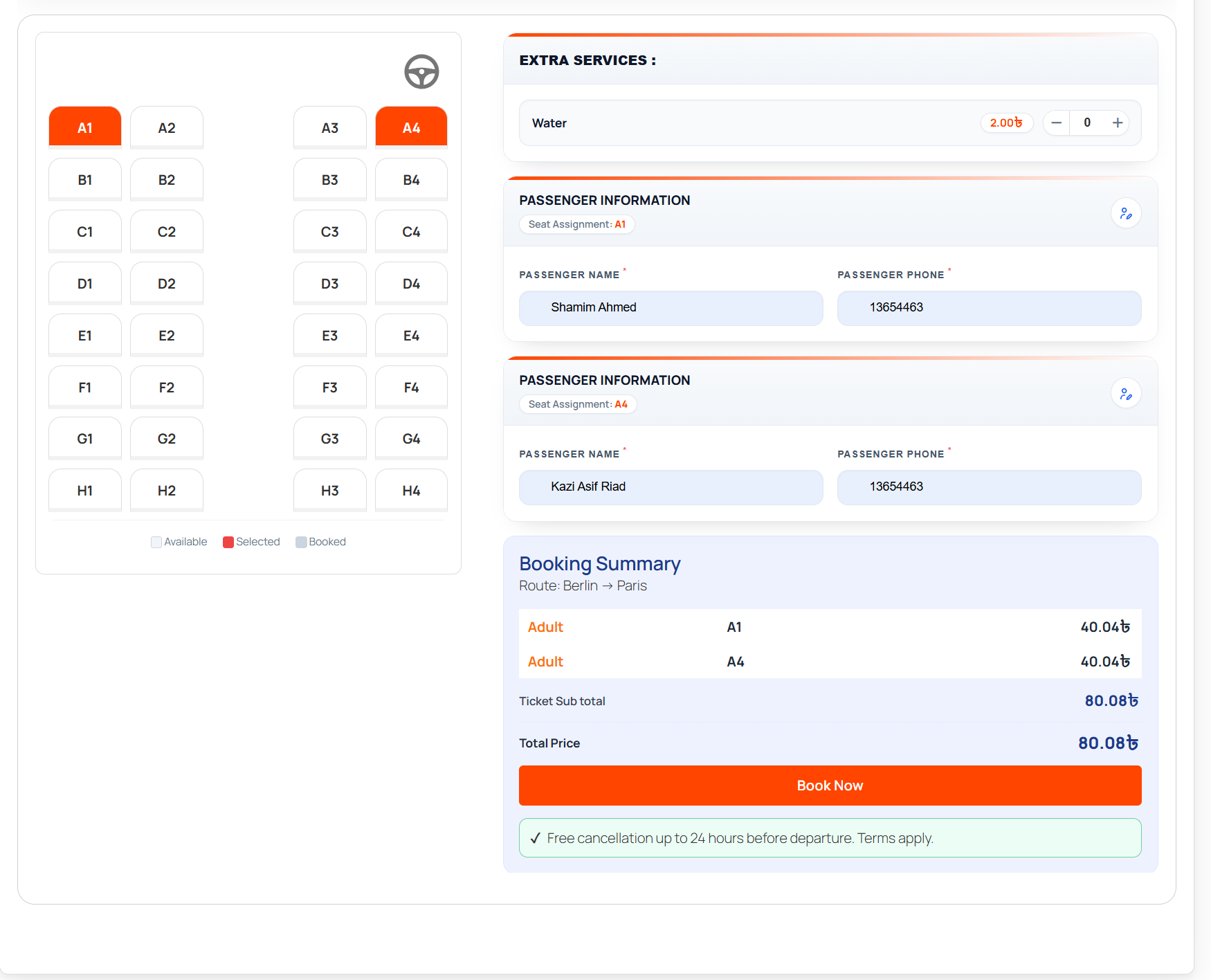 Seat selection with passenger information and booking summary