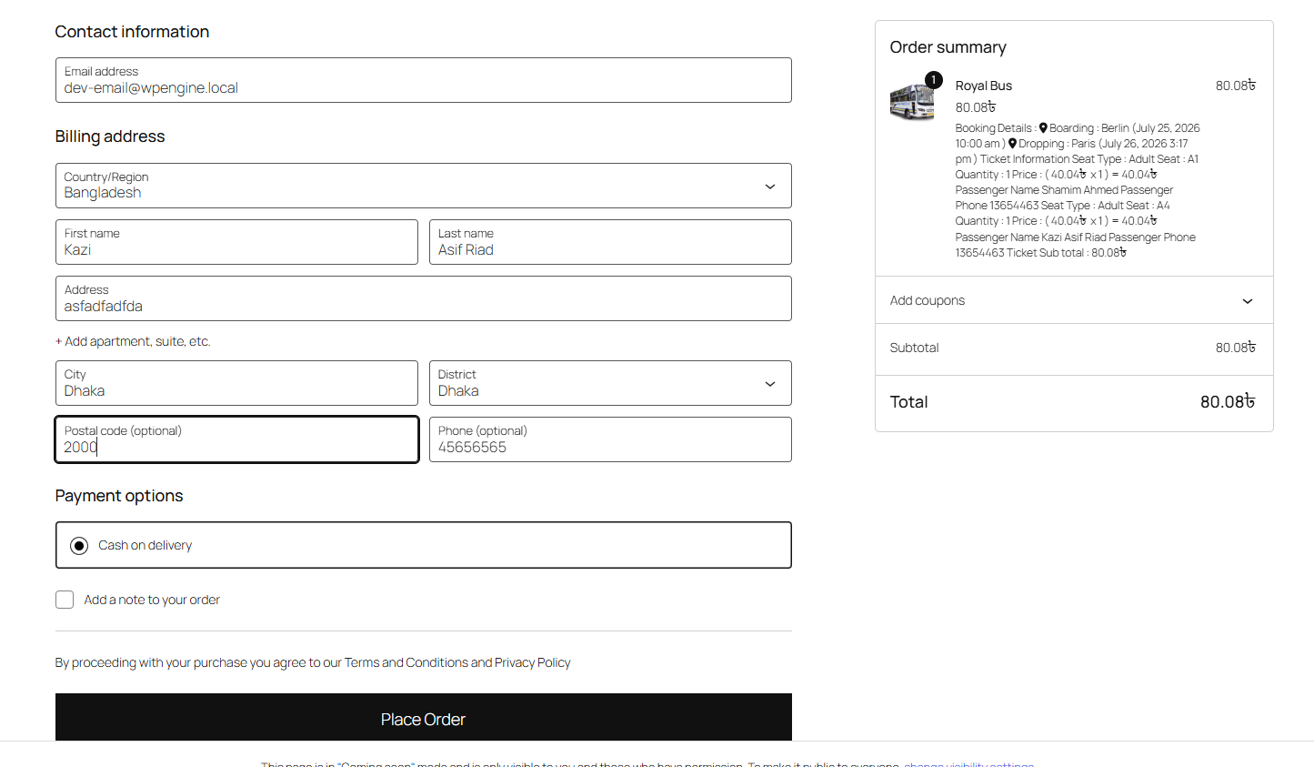 Checkout and order placement with billing form and order summary