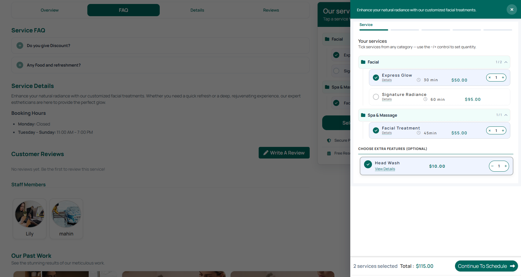 Front-end service page with hero header and booking widget