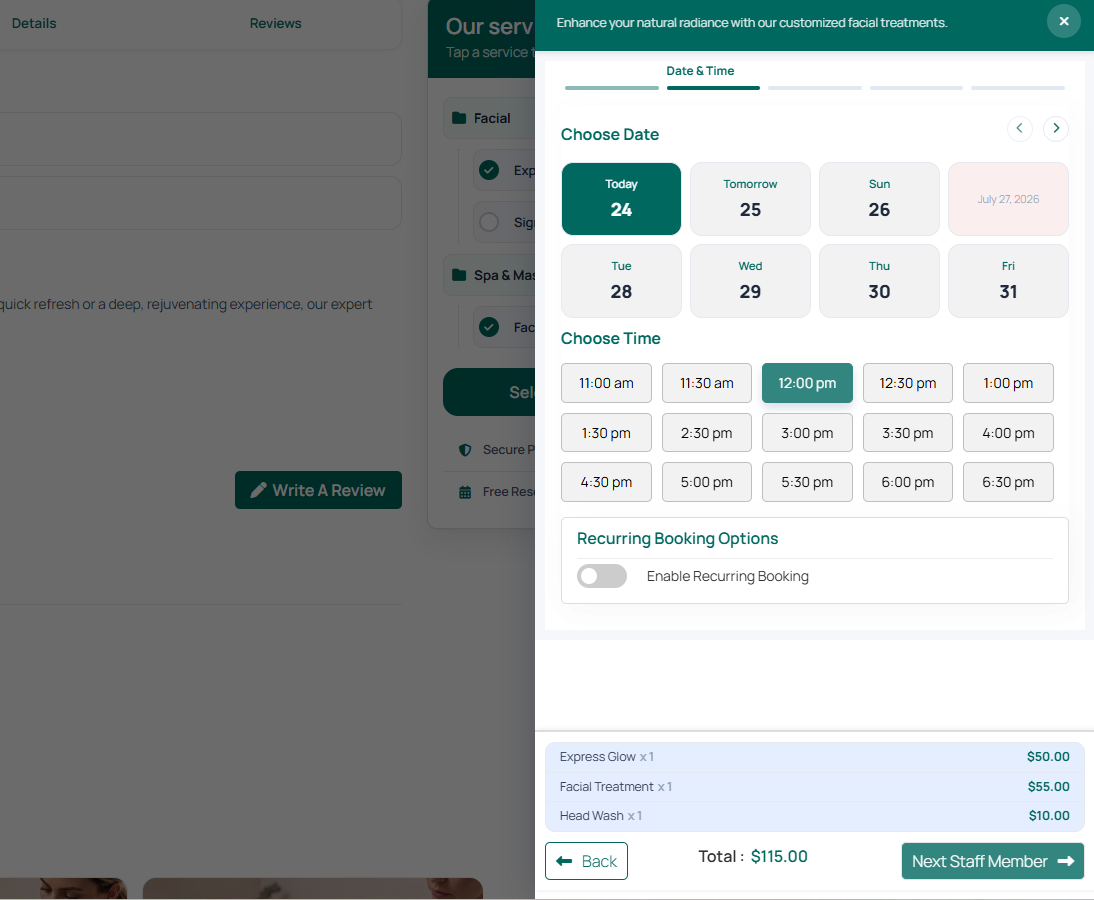 Booking modal step 1: service and extra add-on selection