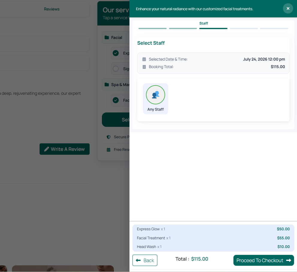 Booking modal step 2: date and time slot selection