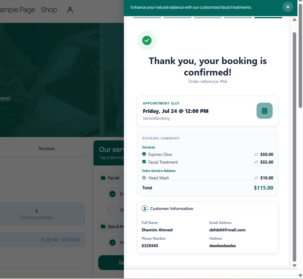 Booking modal step 4: checkout and payment