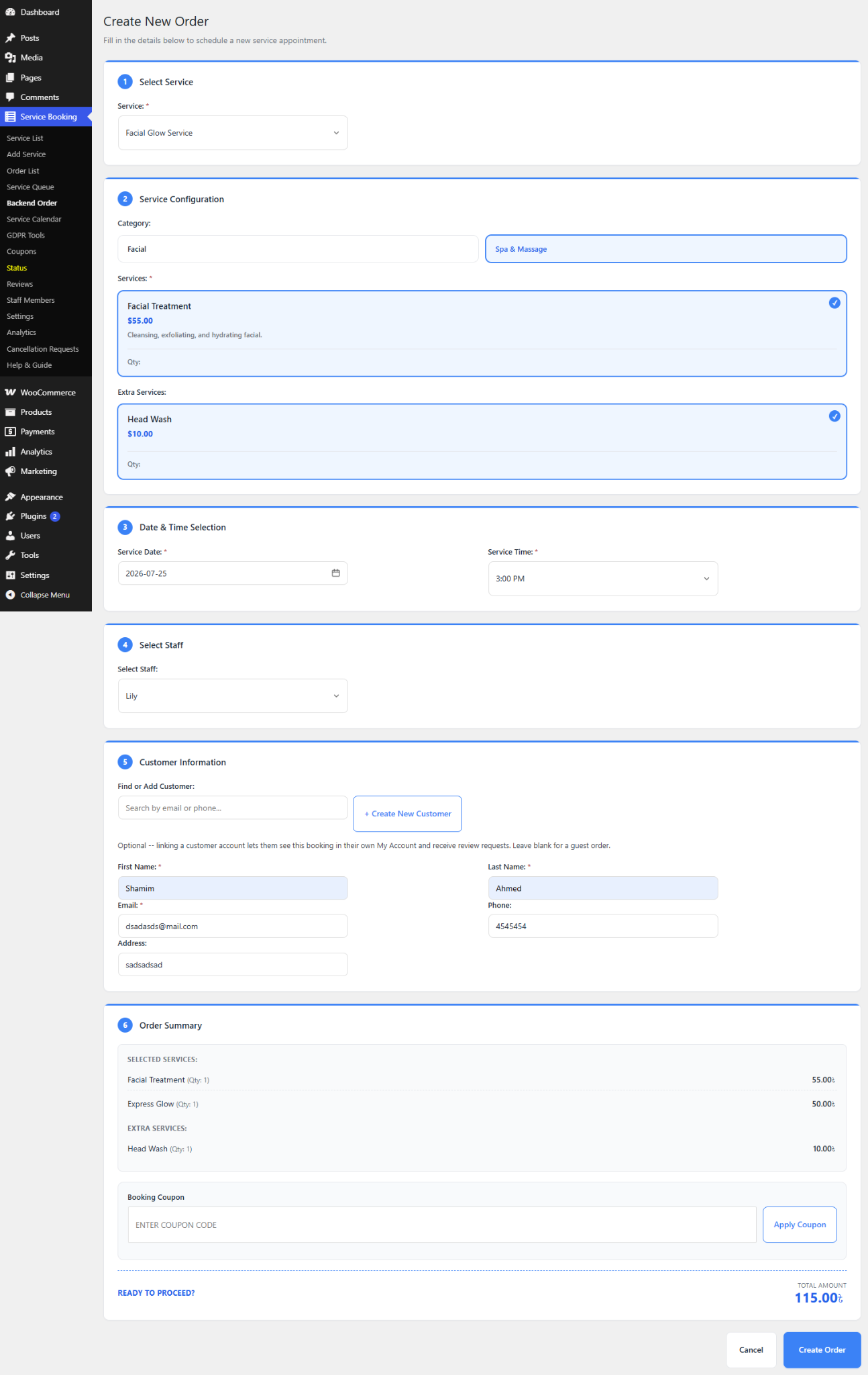 Booking confirmation screen with order reference and summary