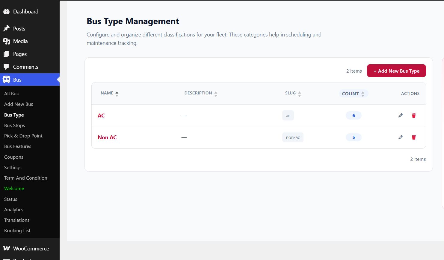 Bus Type Management screen
