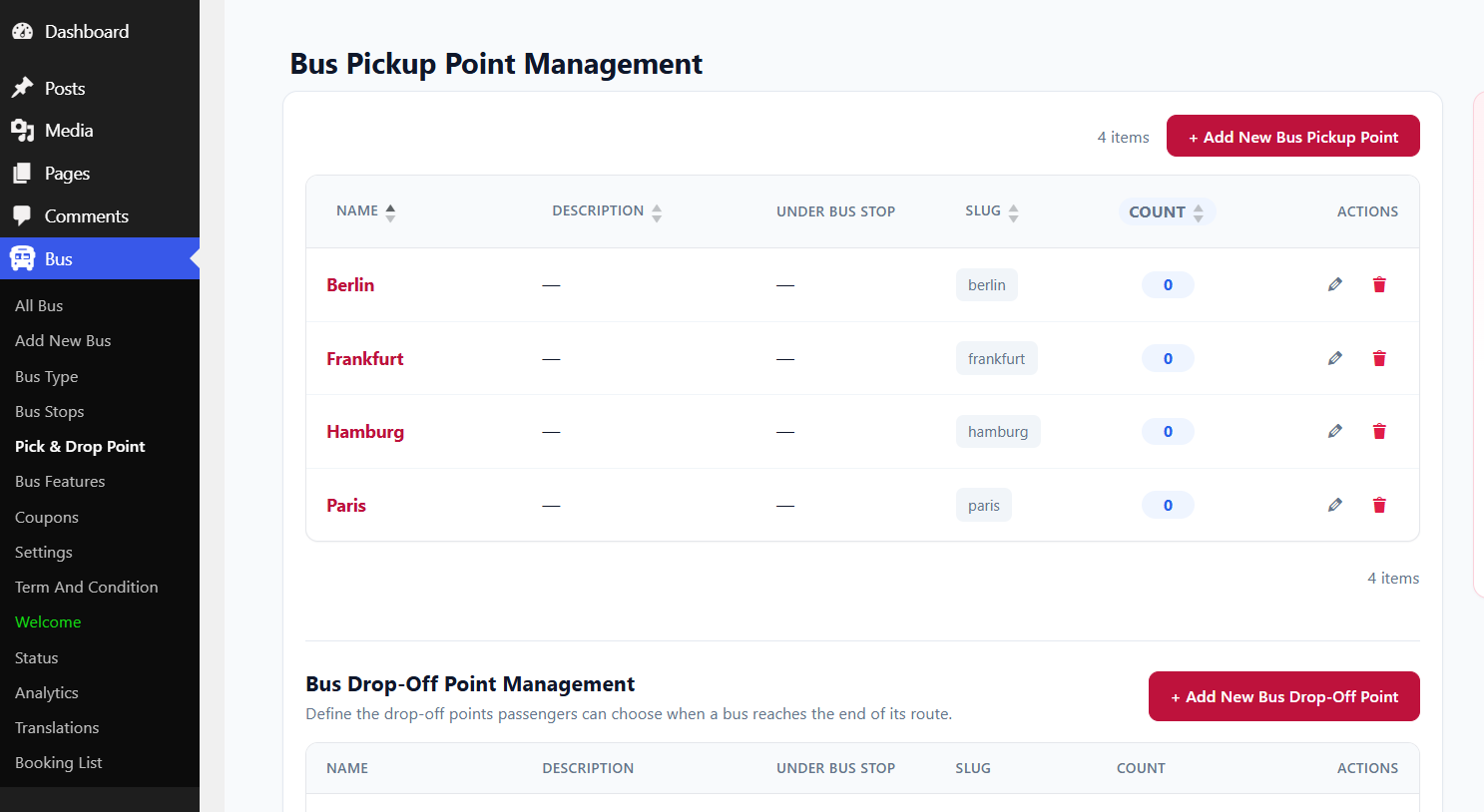 Bus Pickup & Drop-Off Point screen