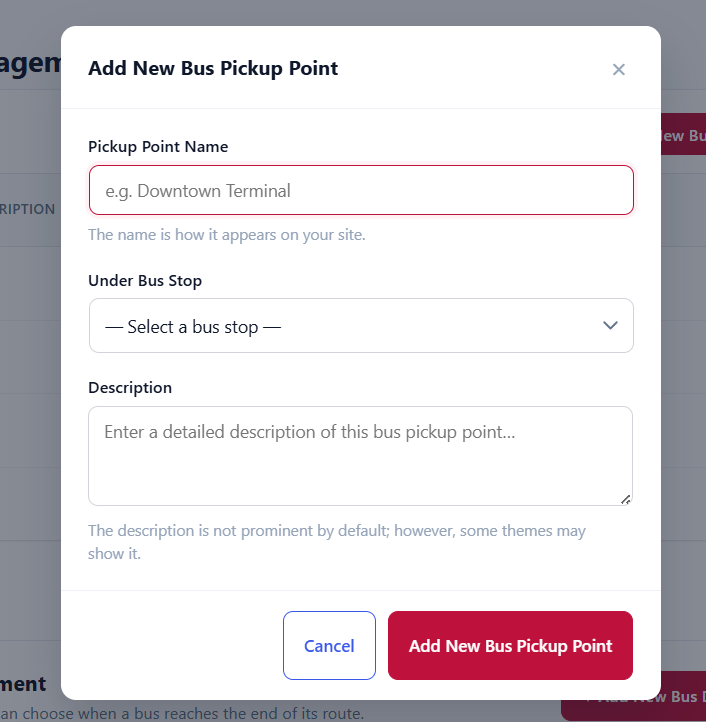 Pickup point table with name, parent stop, and count columns