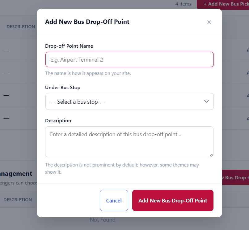 Bus Drop-Off Point screen