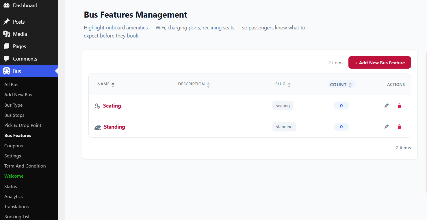 Bus Features Management screen