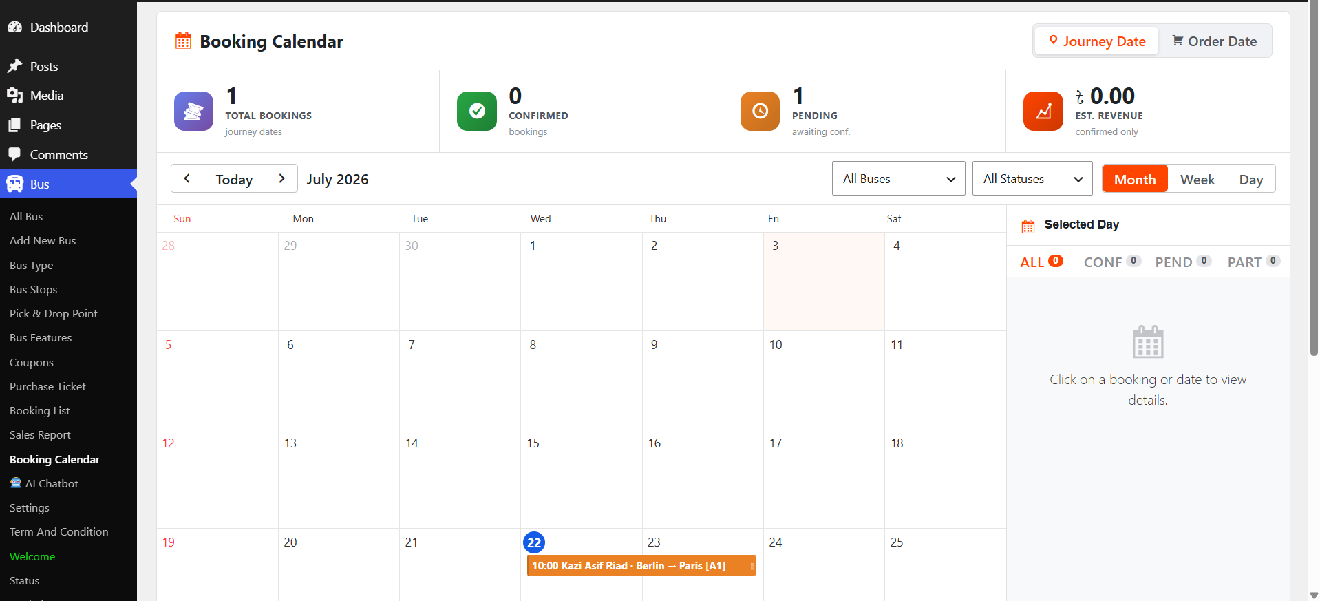 Booking Calendar with summary cards and interactive grid