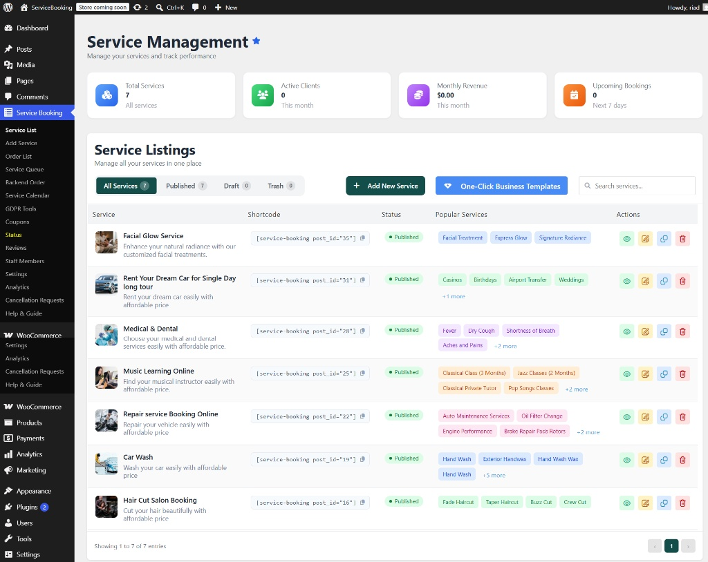 Service Management dashboard with top metrics and quick action toolbar