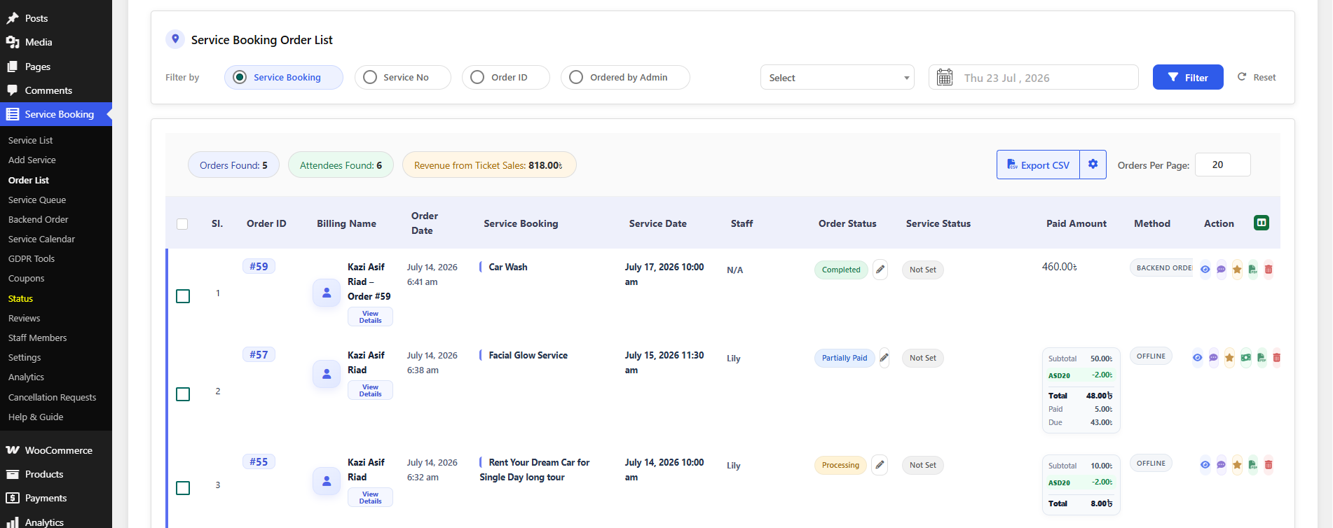 Service listings table with shortcode, status, and tag columns