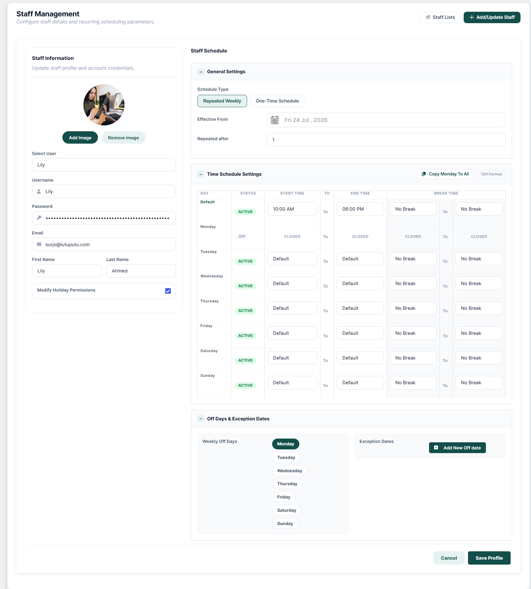 Staff members list with profile and contact columns