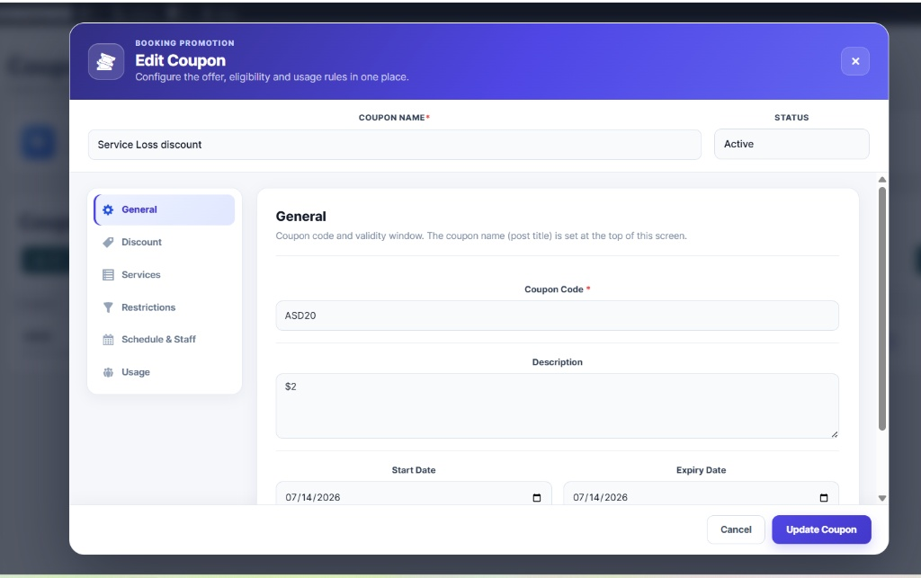Coupon listings table with discount, usage, and status columns