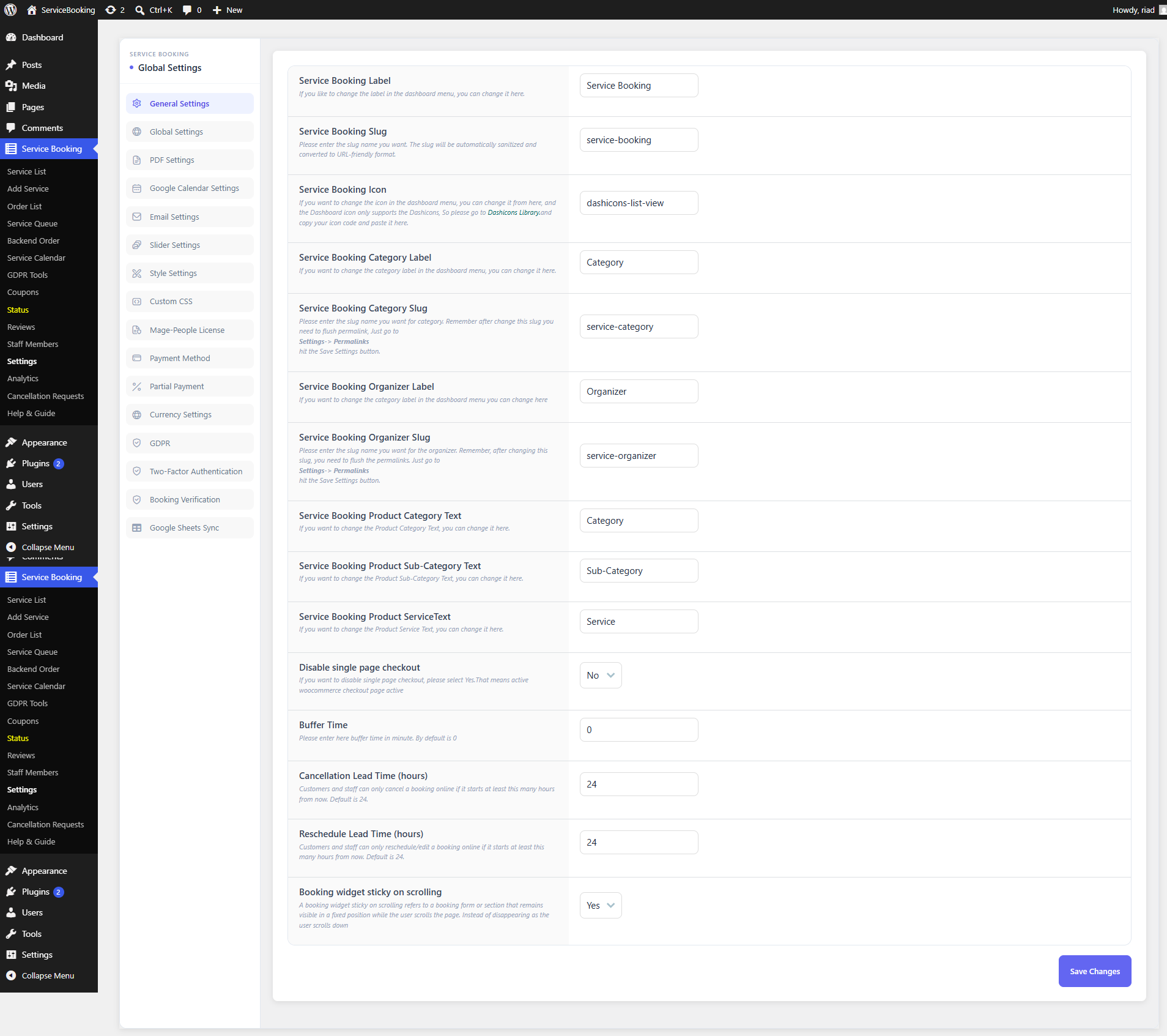 Global Settings — General Settings tab with the settings navigation sidebar