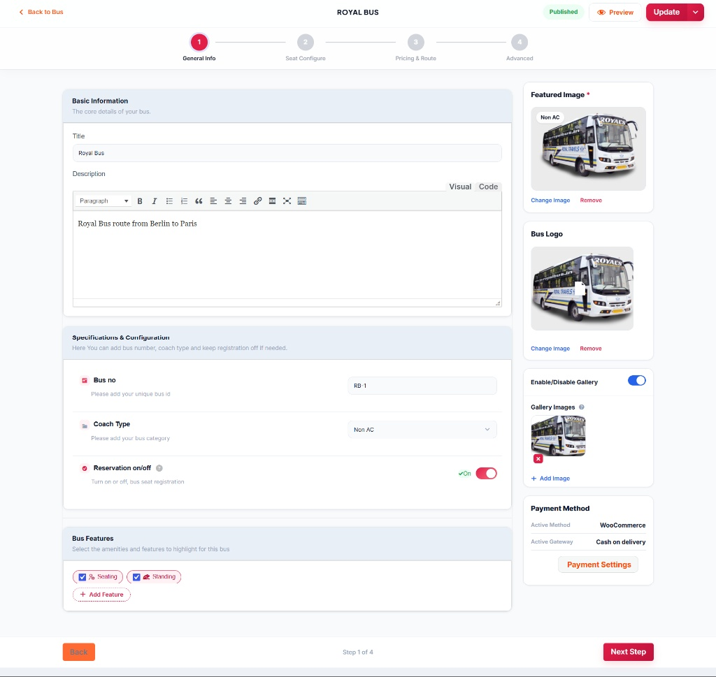 Add New Bus step 1: General Info