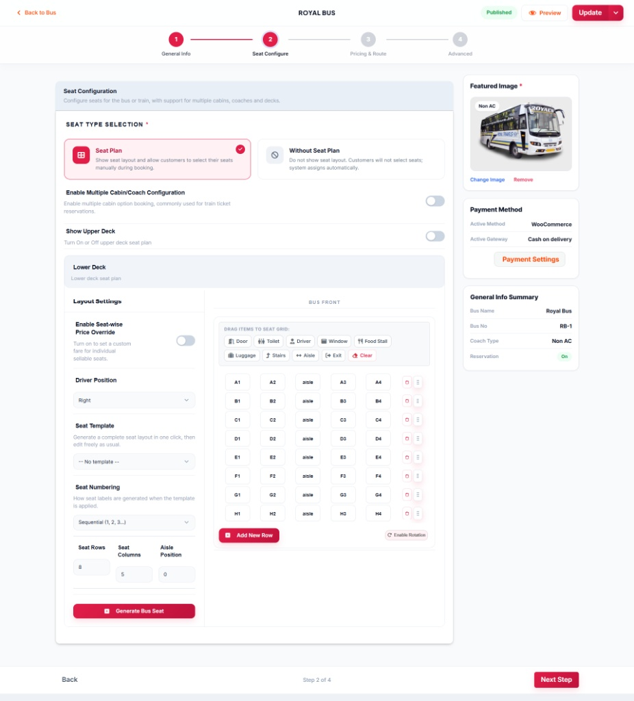 Seat Configure: layout settings and interactive seat grid