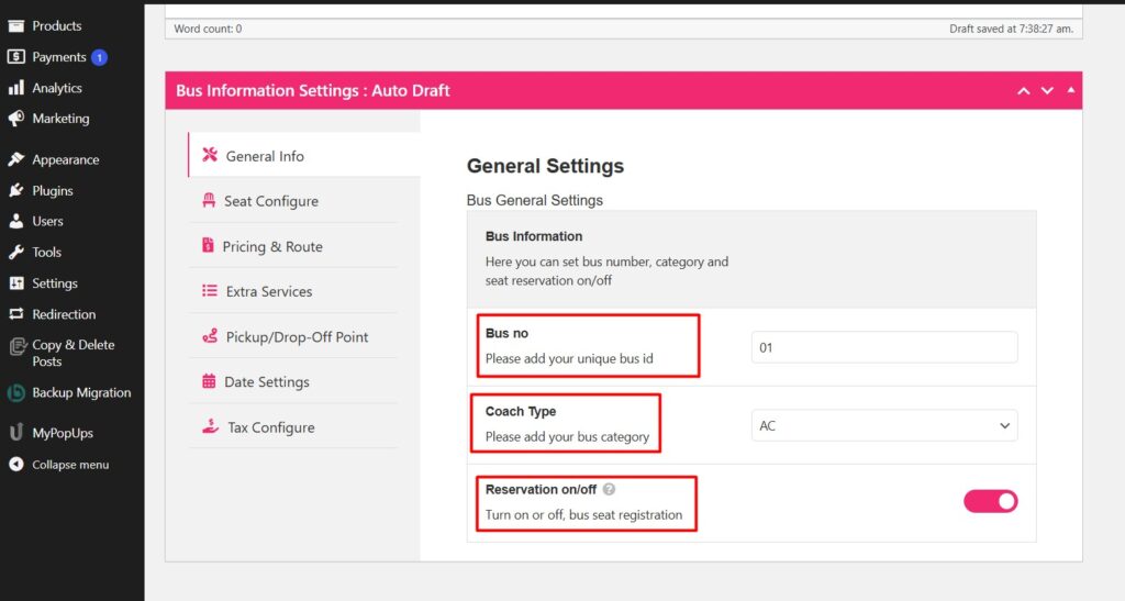 Bus  general Info Settings