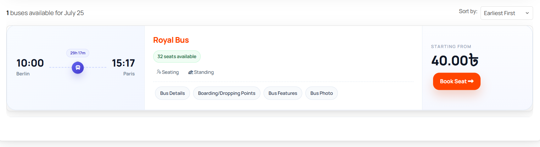 Bus search results listing with trip and pricing details