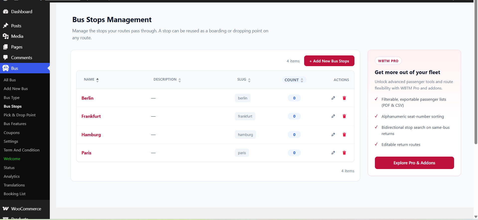 Bus Stops Management screen