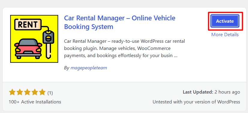 Car Rental Manager plugin card with Install Now button