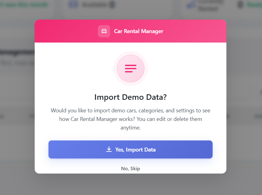 Import Demo Data prompt after activation