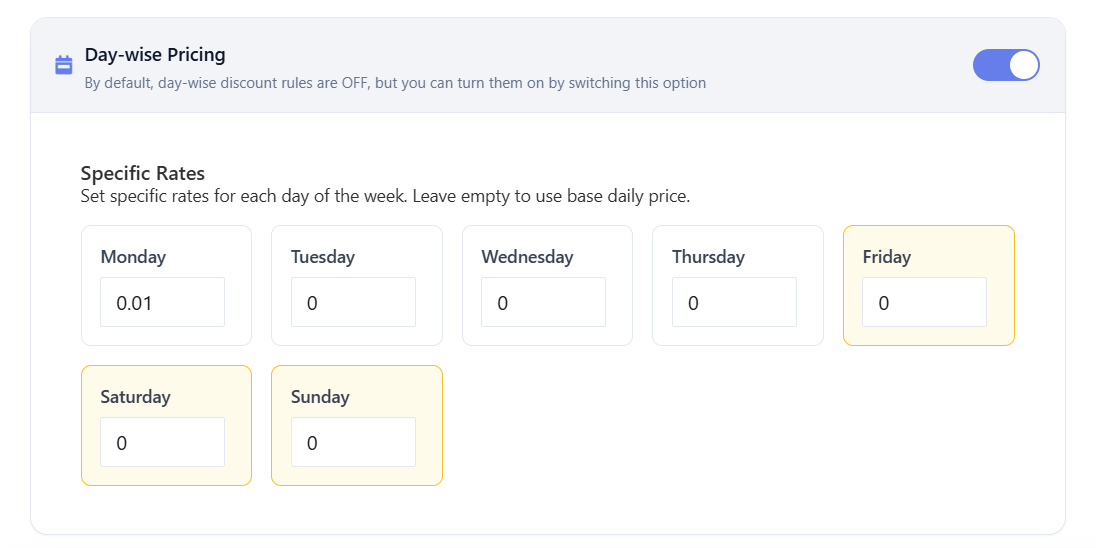 Day-wise Pricing configuration