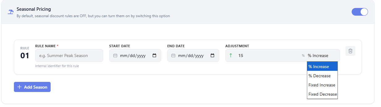 Seasonal Pricing configuration