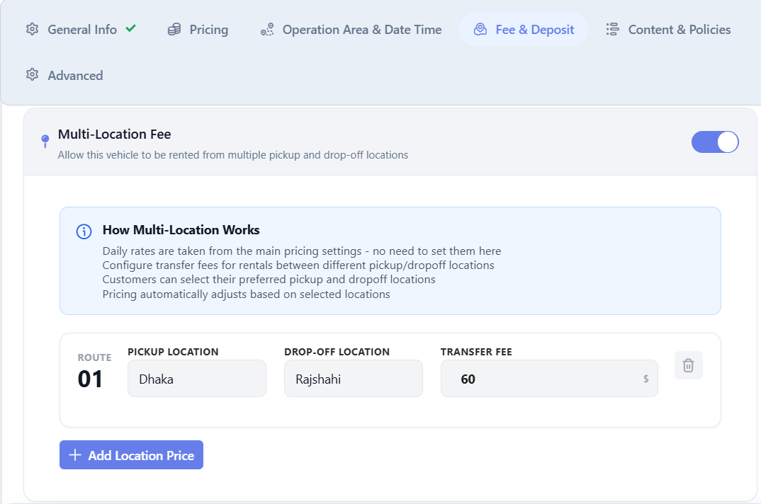 Multi-Location Fee configuration