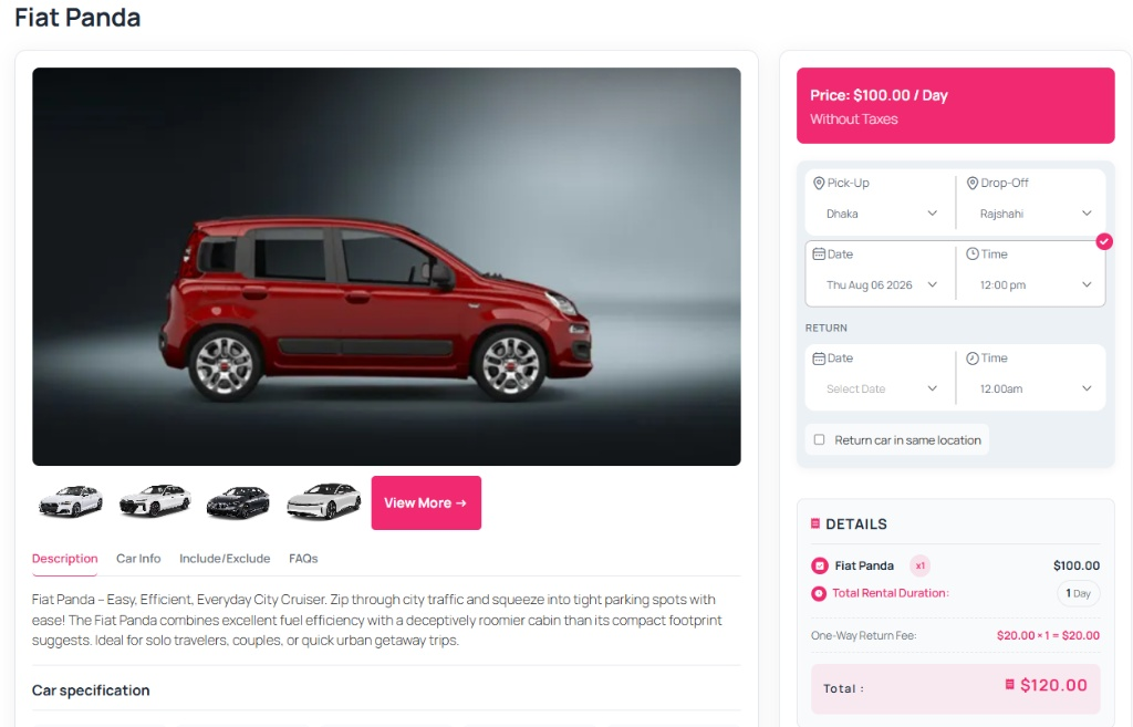 Booking example with a One-Way Fee applied