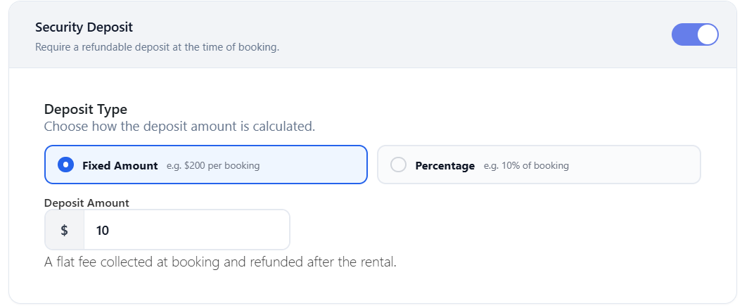Security Deposit configuration