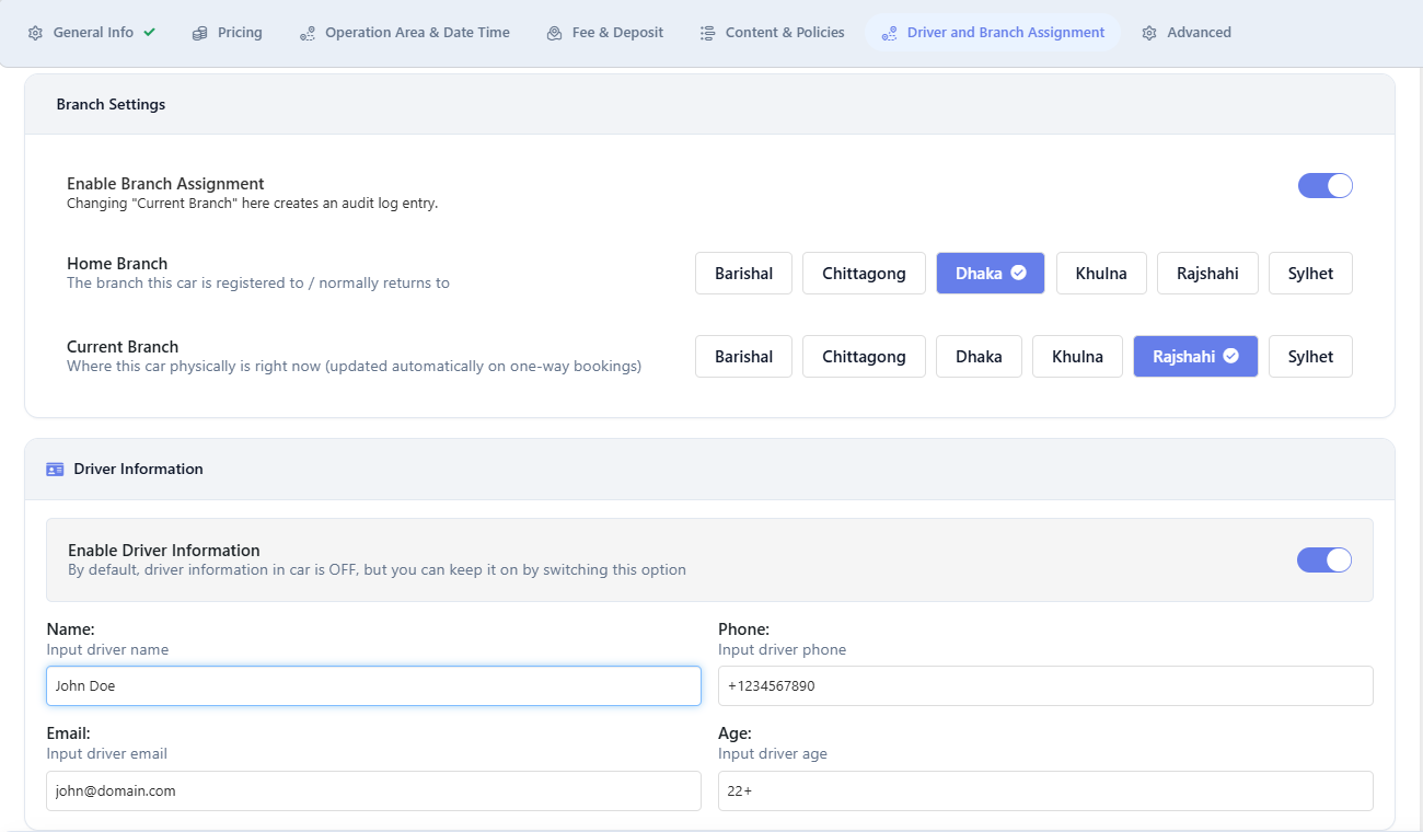 Driver and Branch Assignment tab