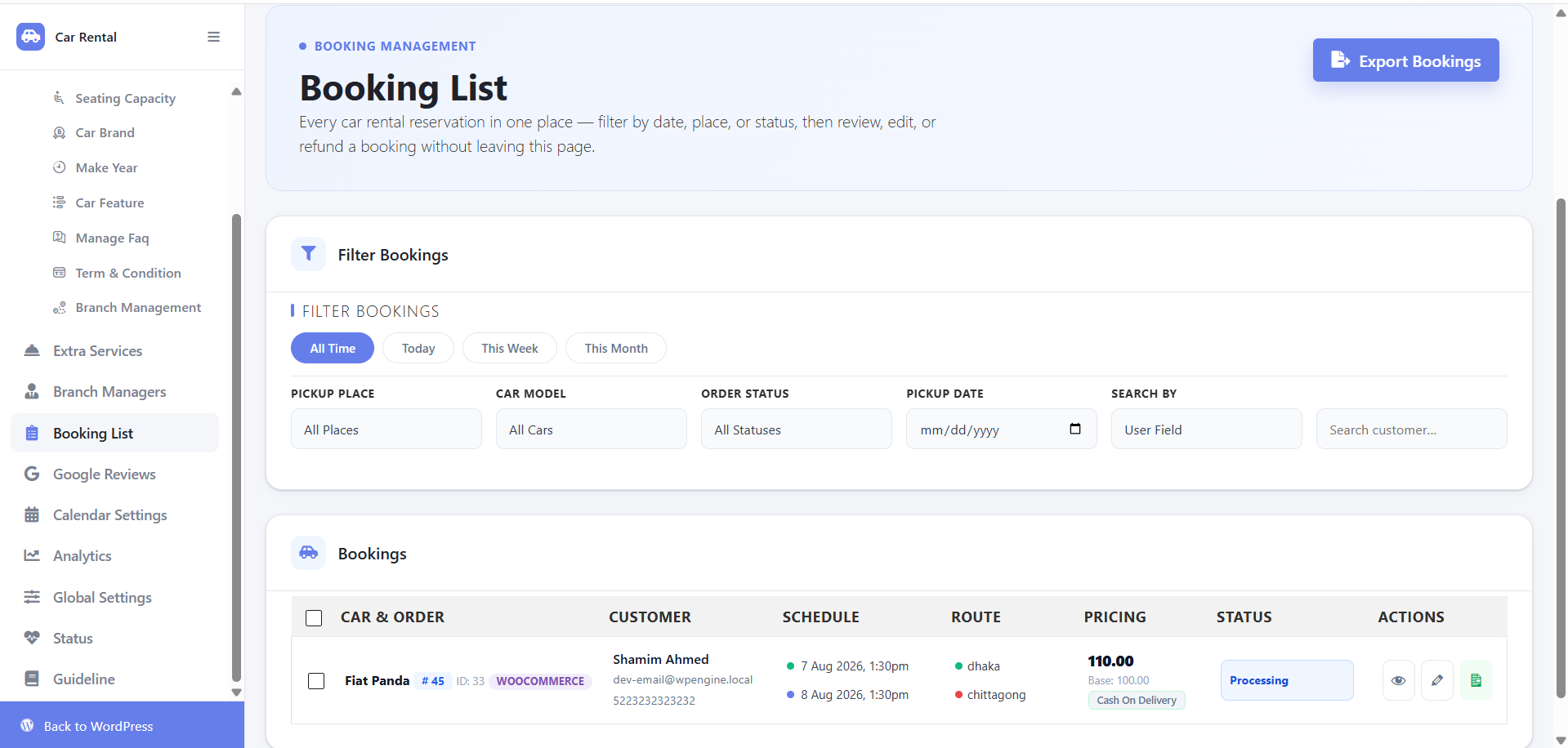 Booking List with filters