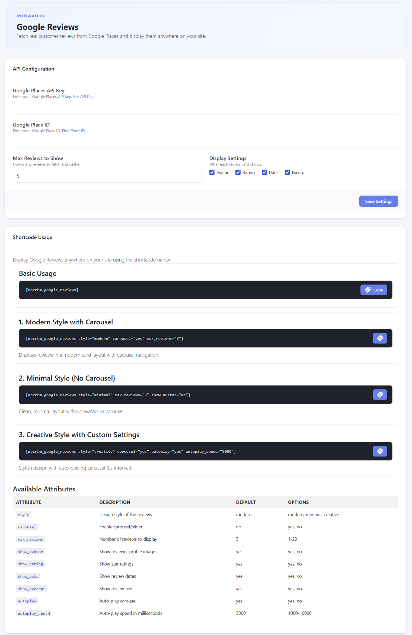 Google Reviews integration settings