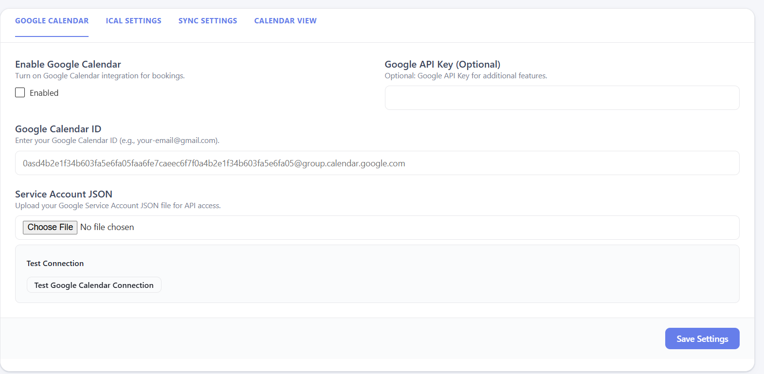 Google Calendar integration settings