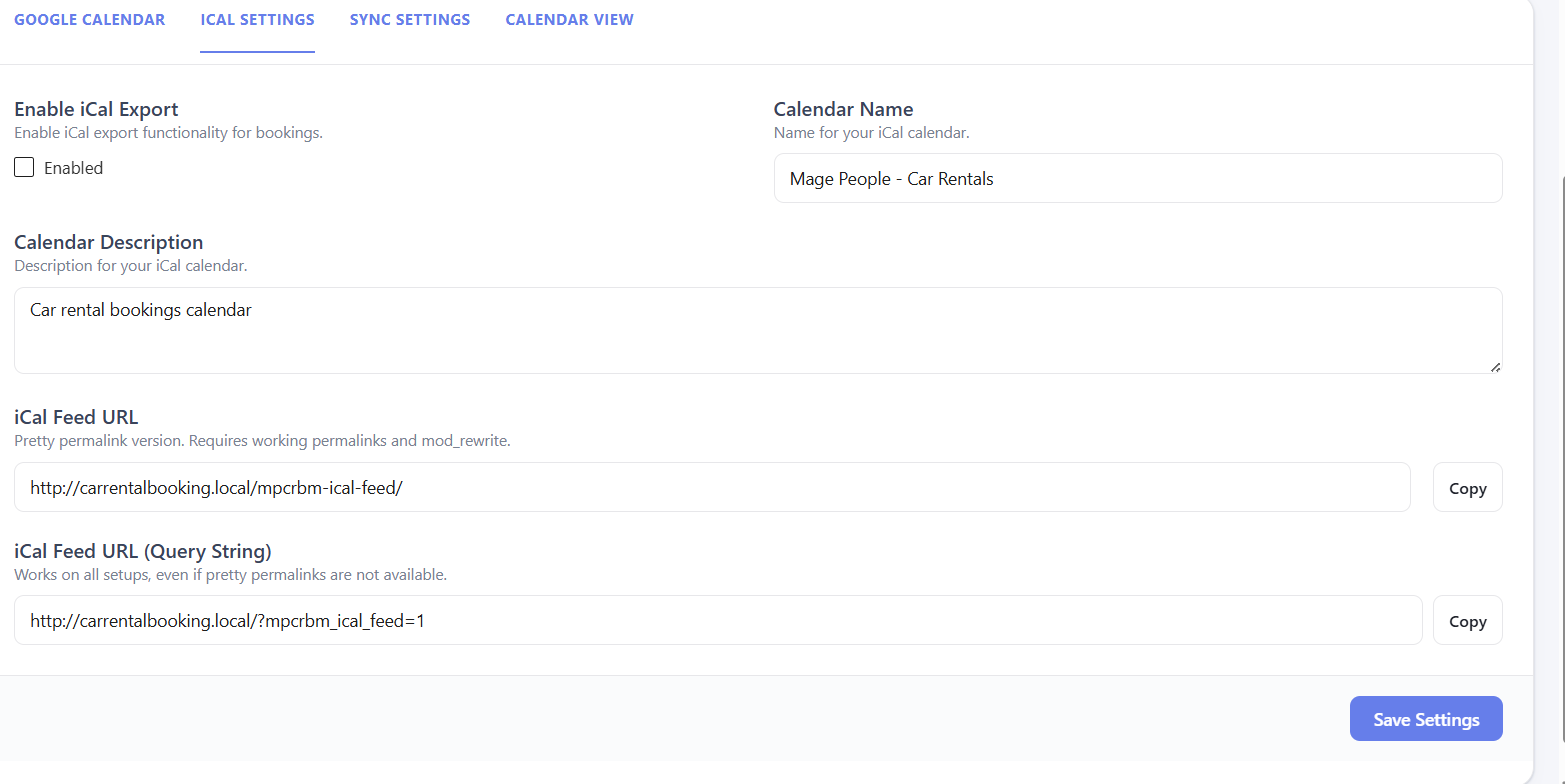 iCal Settings for exporting bookings