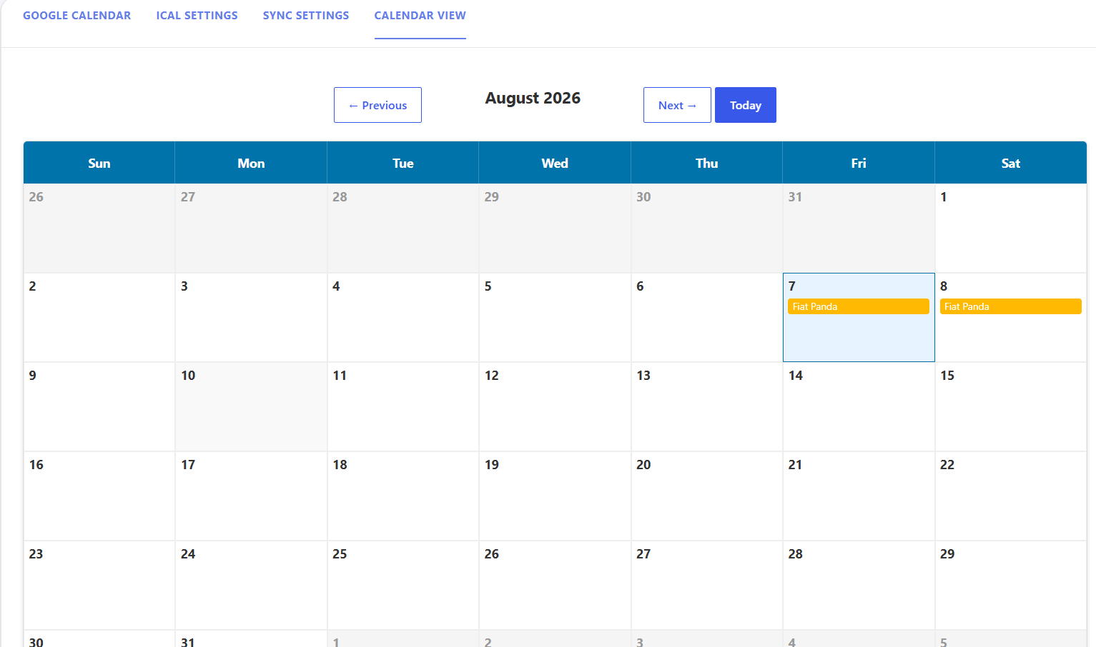 Calendar View of fleet reservations