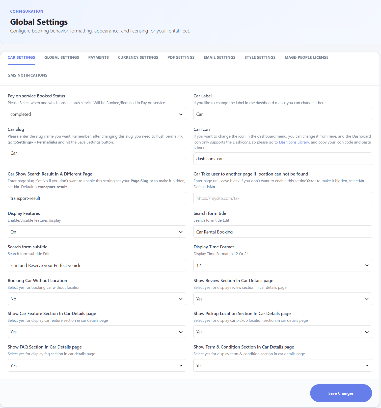 Car Settings tab in Global Settings