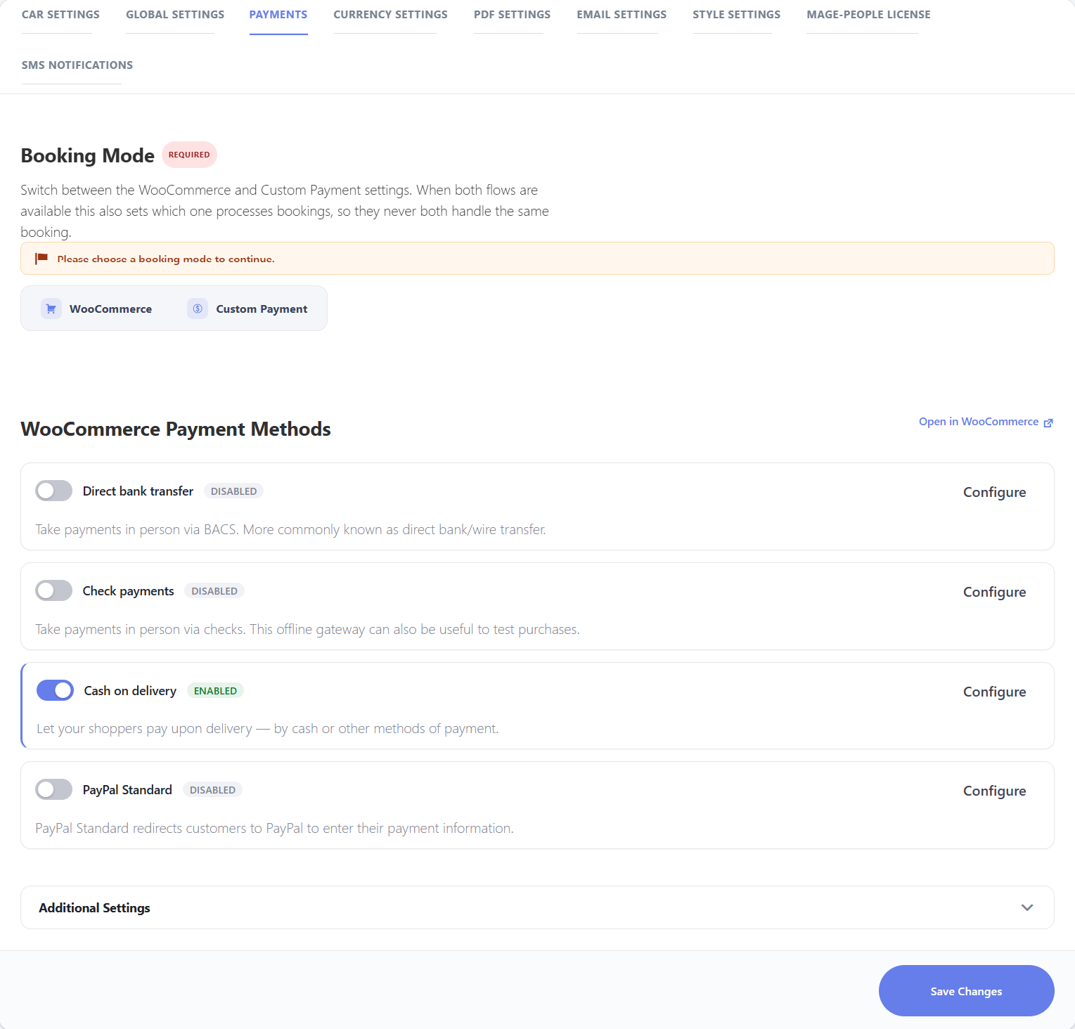 Payments Settings tab