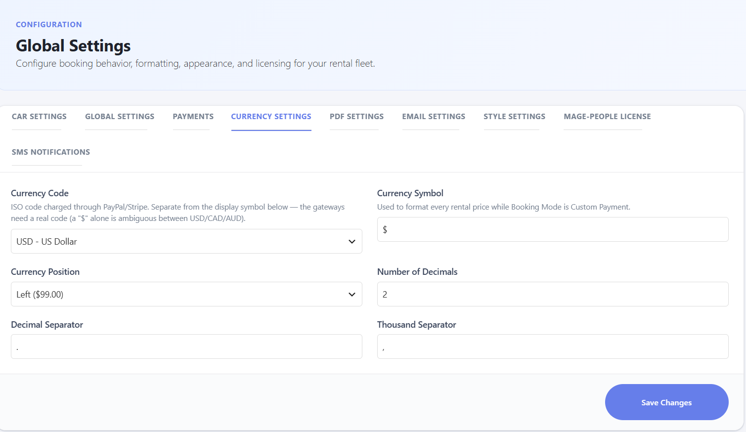 Currency Settings tab