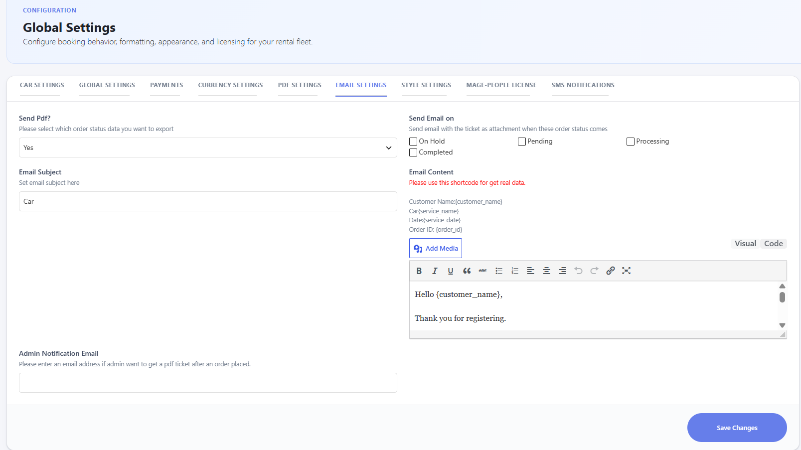 Email Settings tab