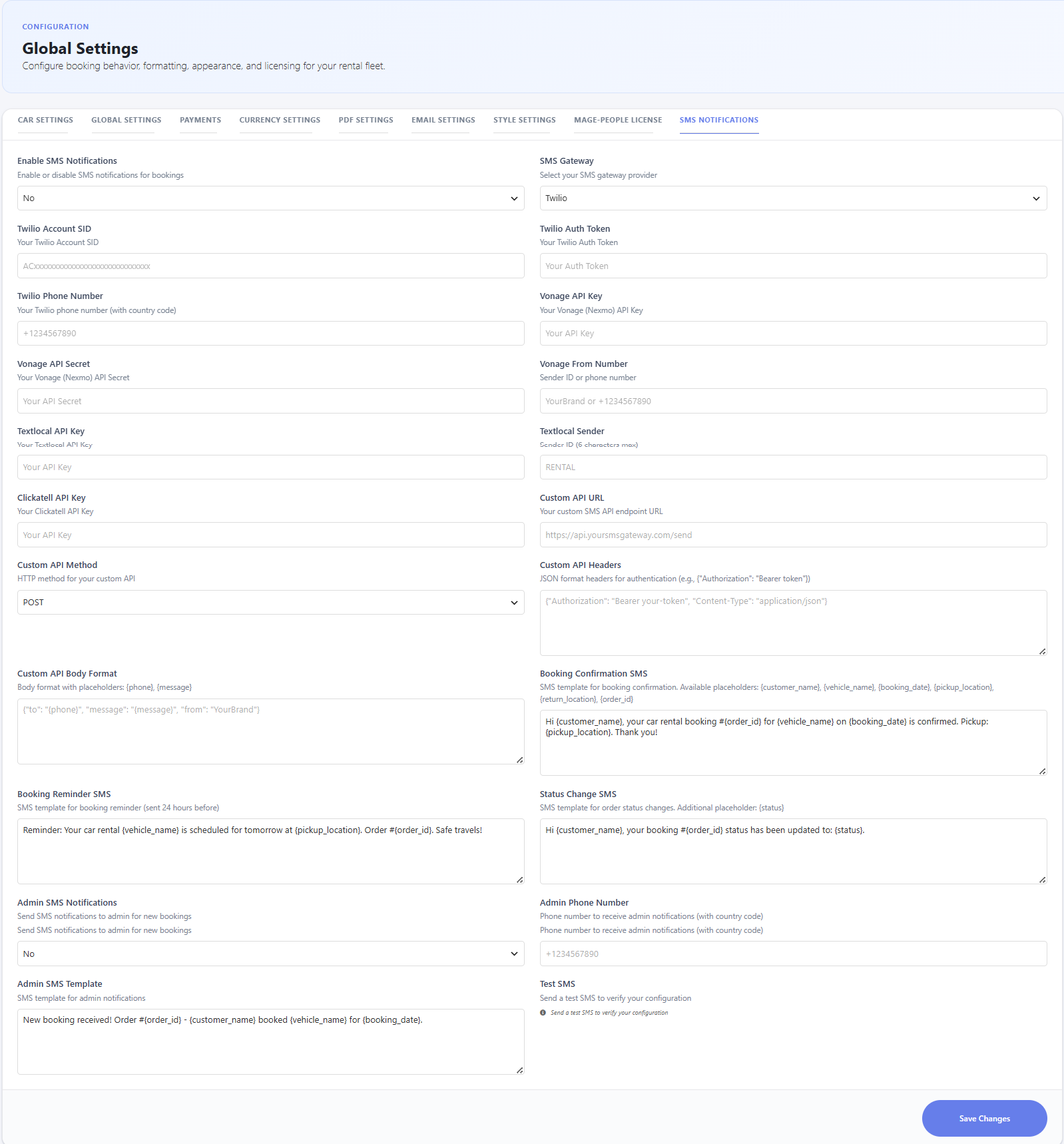 SMS Notifications tab