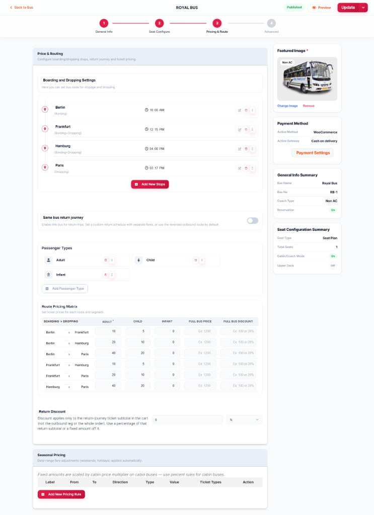 Add New Bus step 3: Pricing and Route